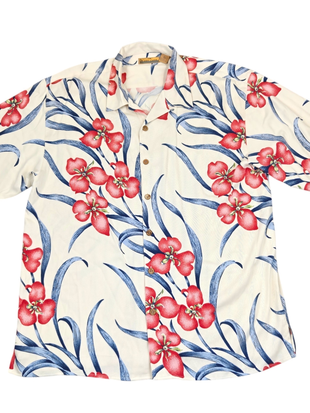 Bobby Chan Men's XL Hawaiian Shirt 100% Silk Floral Short Sleeve Ivory Red Blue